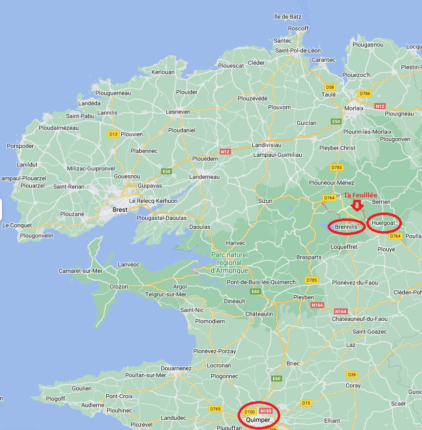 Google Maps -karttakuva Bretagnesta, johon ympyröity Brennilis, Huelgoat ja Quimper ja kirjoitettu La Feuillée.
